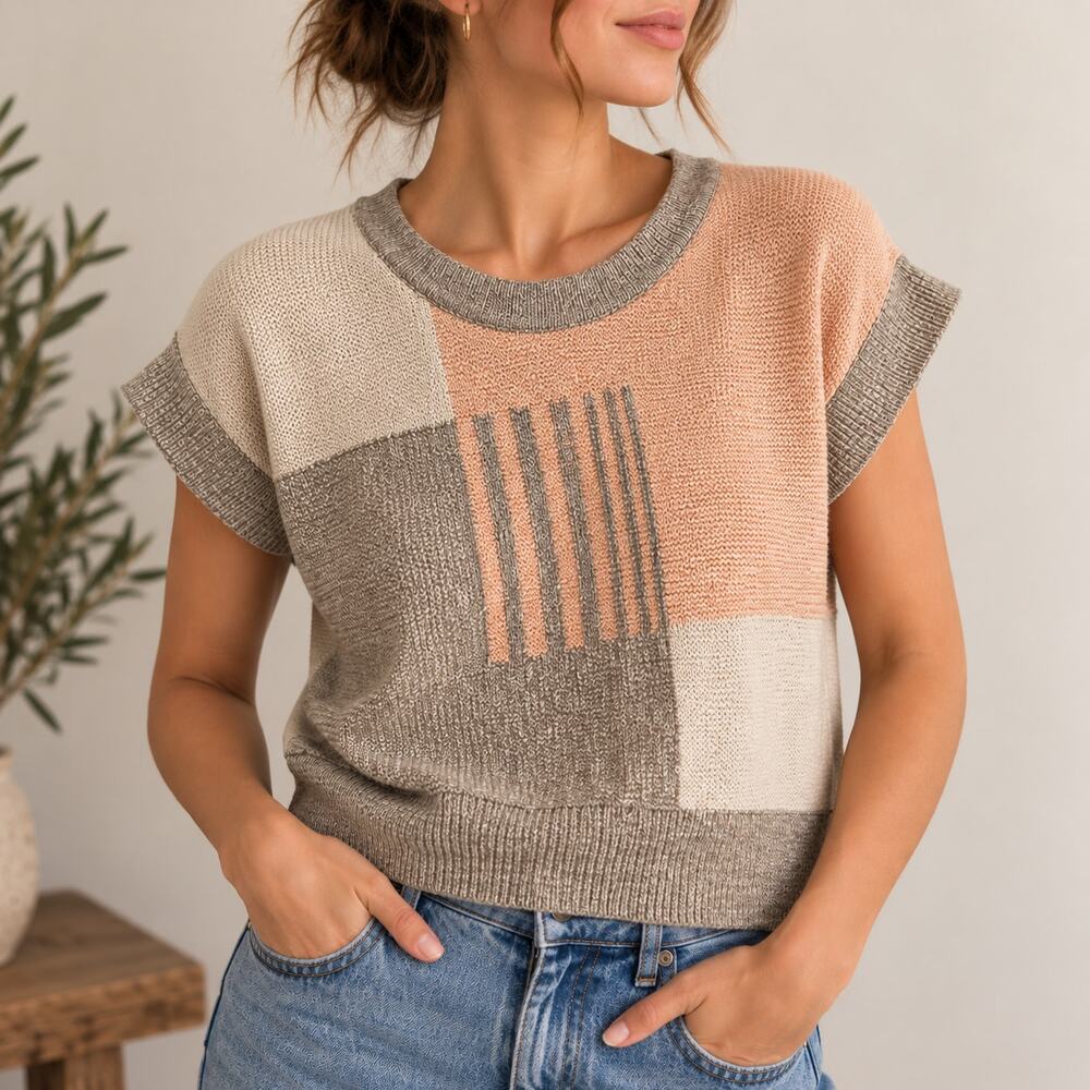 Vintage Vivanti Sz Medium Cap Sleeve Boho Mod Sweater Pink Grey Multi Knit 90s
